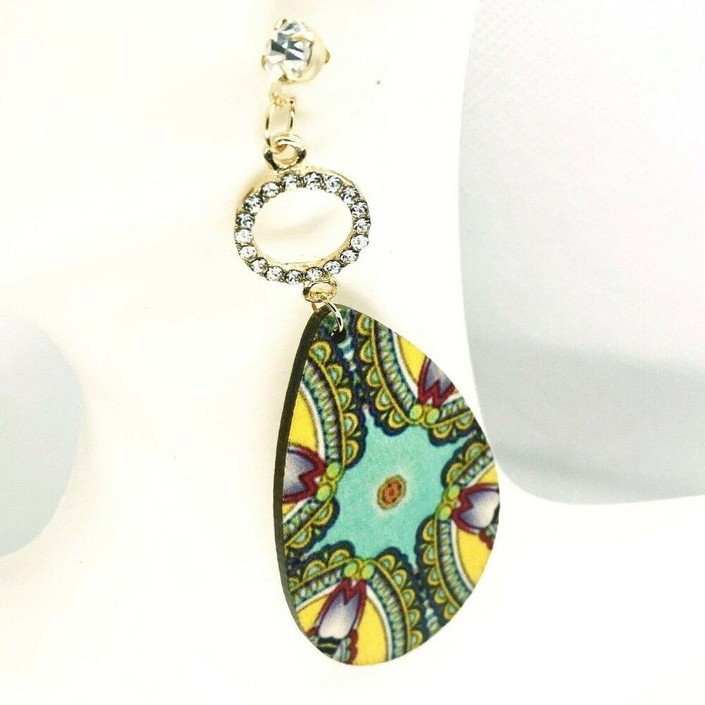Gold-Tone Rhinestone Painted Wood Dangle Earrings
